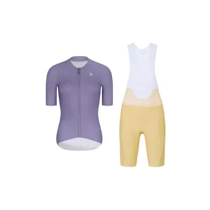 RIVANELLE Cyklistický krátky dres a krátke nohavice - ELEVATE - béžová/fialová RIVANELLE Cyklistický krátky dres a krátke nohavice - ELEVATE - béžová/fialová