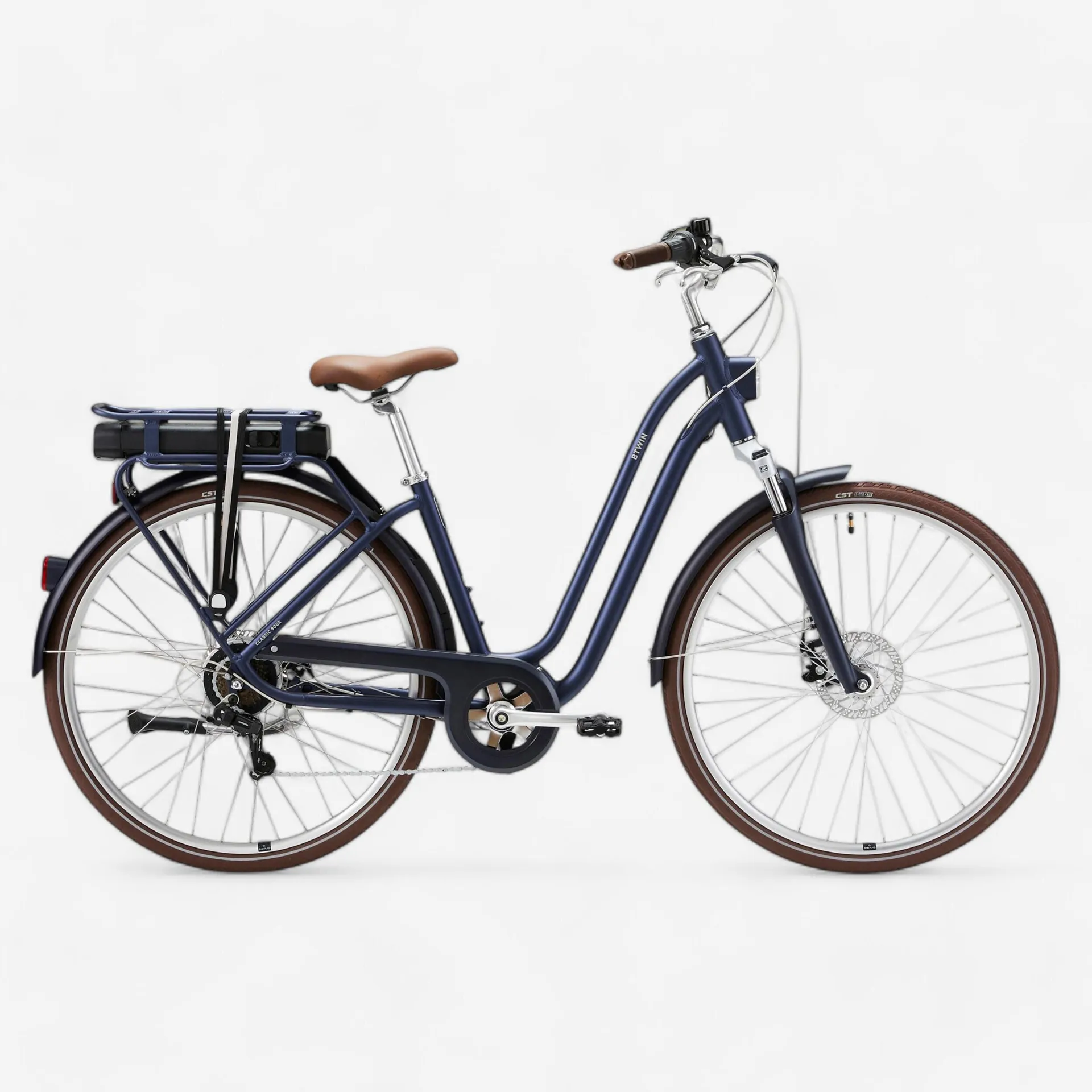 Mestský bicykel - Mestský elektrický bicykel Elops 900 so zníženým rámom tmavomodrý Mestský bicykel - Mestský elektrický bicykel Elops 900 so zníženým rámom tmavomodrý