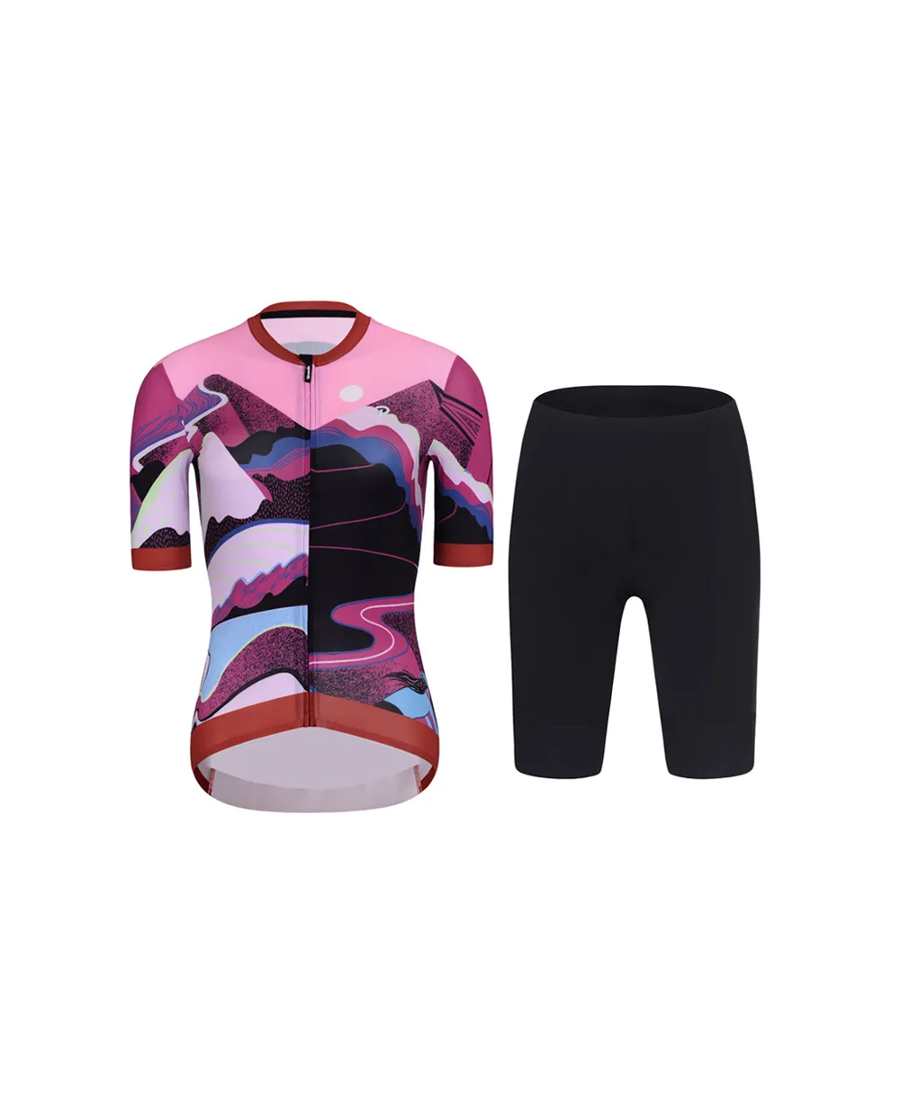 RIVANELLE Cyklistický krátky dres a krátke nohavice - SUNSET ELITE LADY - ružová/viacfarebná/čierna RIVANELLE Cyklistický krátky dres a krátke nohavice - SUNSET ELITE LADY - ružová/viacfarebná/čierna