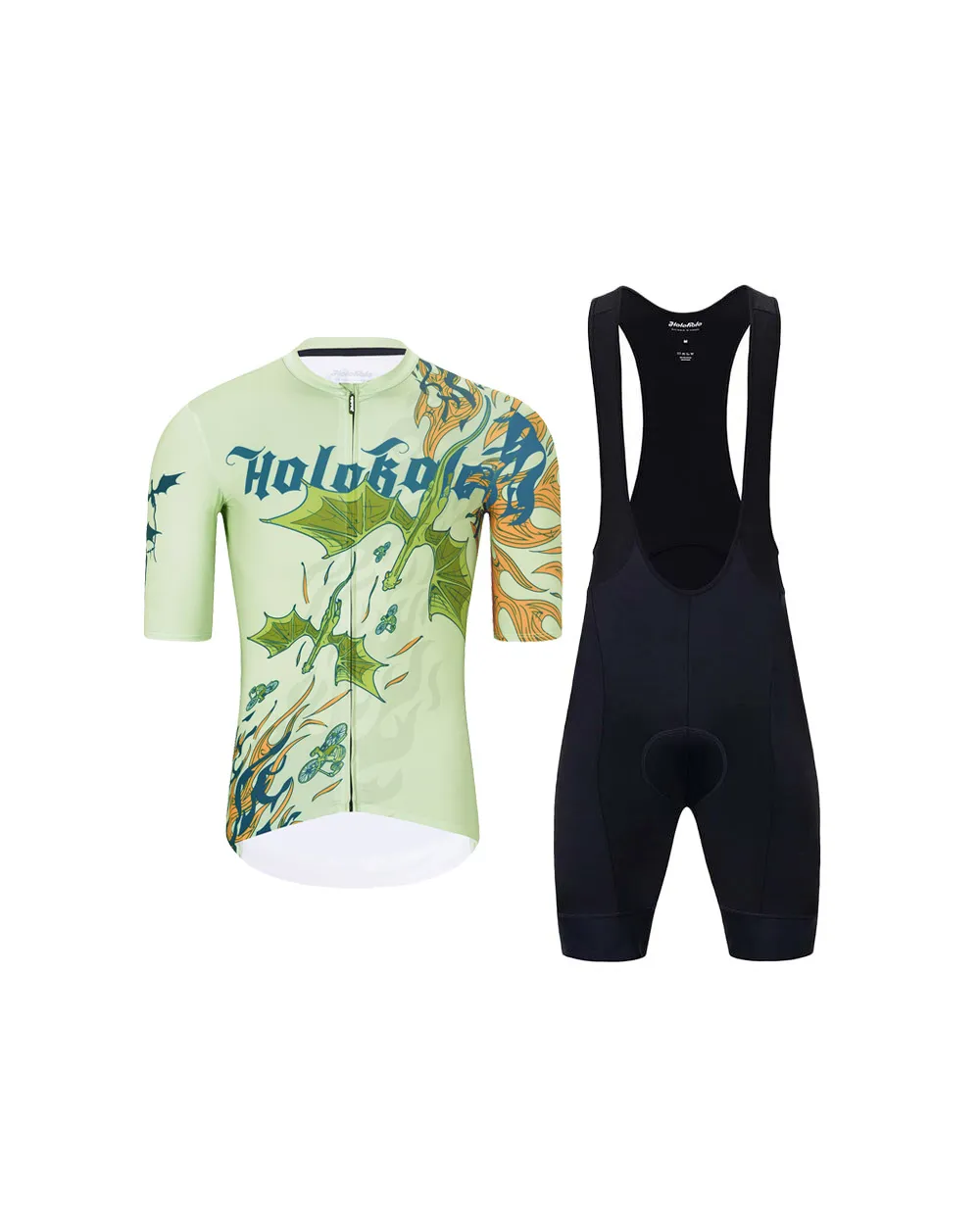 HOLOKOLO Cyklistický krátky dres a krátke nohavice - DRAGON - oranžová/zelená HOLOKOLO Cyklistický krátky dres a krátke nohavice - DRAGON - oranžová/zelená