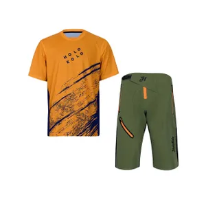 HOLOKOLO Cyklistický MTB dres a nohavice - UNIVERSE MTB - zelená/oranžová/čierna HOLOKOLO Cyklistický MTB dres a nohavice - UNIVERSE MTB - zelená/oranžová/čierna
