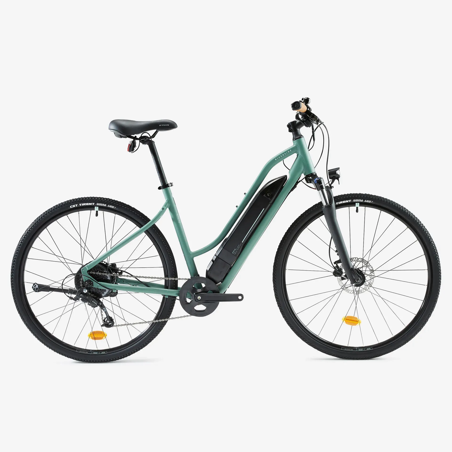 Trekingový bicykel - Trekingový elektrobicykel Riverside 520 E s nízkym rámom zelený Trekingový bicykel - Trekingový elektrobicykel Riverside 520 E s nízkym rámom zelený